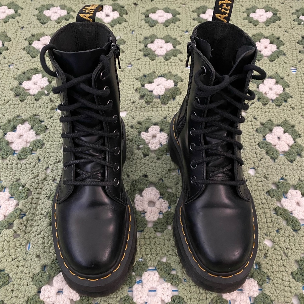 Dr. Martens Black Leather Platform Lace-Up Boots with Yellow Stitching